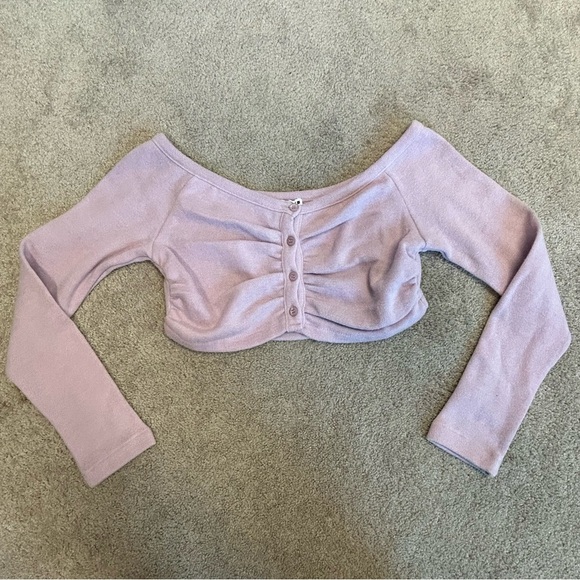 Zara Lilac purple long sleeve off the shoulder cropped sweater top button front - Picture 7 of 14